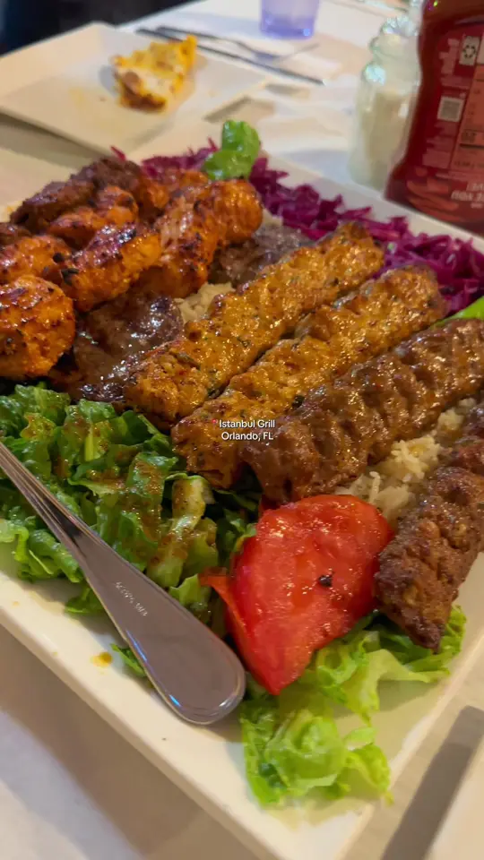 Istanbul Grill in Orlando showing food, kababs, dessert, kunafa, video by themoment212 on TikTok
