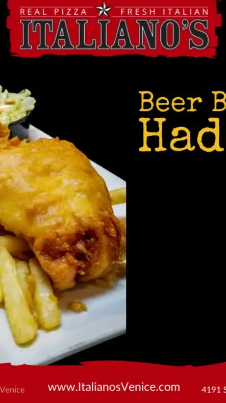 Italiano's Pasta & Pizza Parlor in Venice showing food, beer battered haddock, video by Italiano's on Facebook