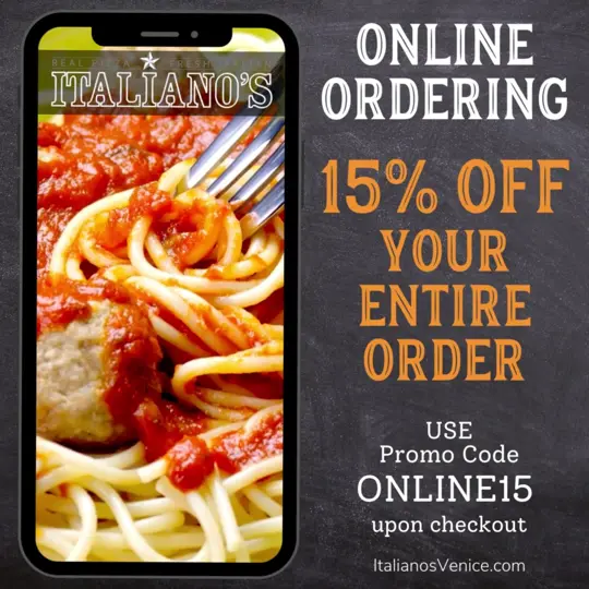 Italiano's Pizza in Deltona showing online ordering, 15% off promo code, video by Italiano's on Facebook