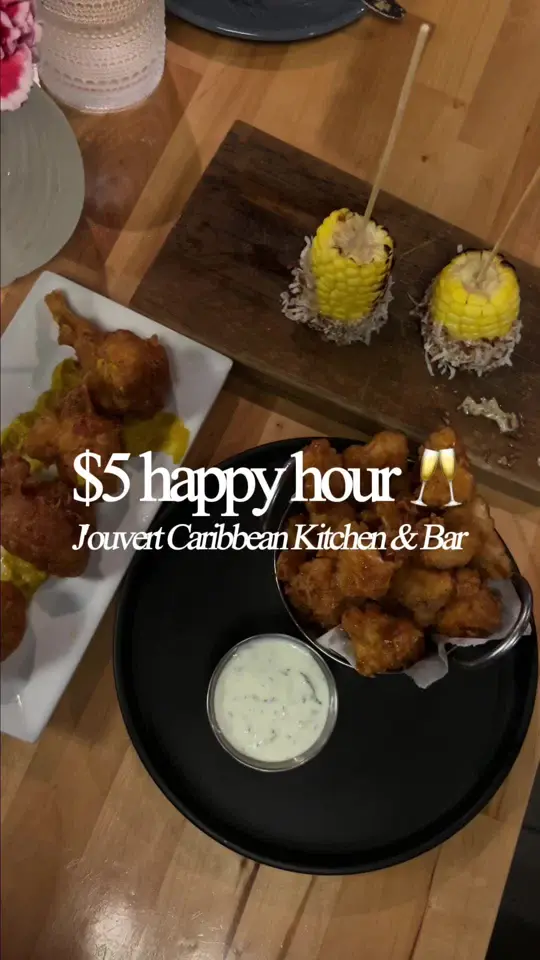 J'ouvert Caribbean Kitchen & Bar in Atlanta showing cocktail, roasted corn beef patty, codfish, bbq cauliflower, video by dejakierra on TikTok