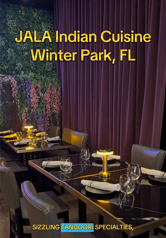 Jala Indian Cuisine in Winter Park showing restaurant, indian cuisine, date night, girls' night, special occasion, curries, tandoori specialties, naan, biryani, seafood, cocktails, desserts, video by sunshinestateselling on TikTok