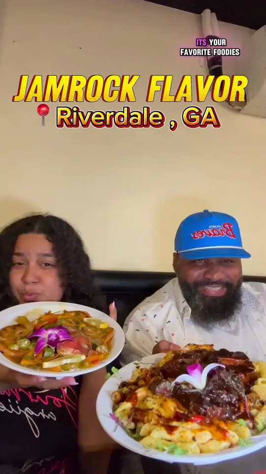 Jamrock Flavor & Spice in Riverdale showing review, visit, juicy jerk chicken, fried chicken with mango habanero sauce, oxtail rasta pasta, curry chicken, stew chicken, steamed red snapper, beef patt, video by atlantafoodguy on TikTok