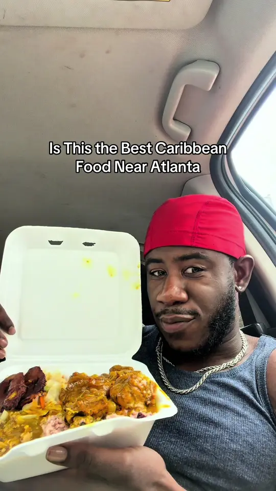 Jamrock Flavor & Spice in Riverdale showing review, curry chicken, rice & peas, plantains, cabbage, video by cheftylerthomas on TikTok