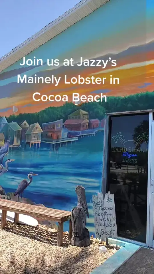 Jazzy's Mainely Lobster in Cocoa Beach showing review, visit, atmosphere, traditional crab cakes, fried clam baskets, new england poutine, surf & turf burger, video by visitspacecoast on TikTok