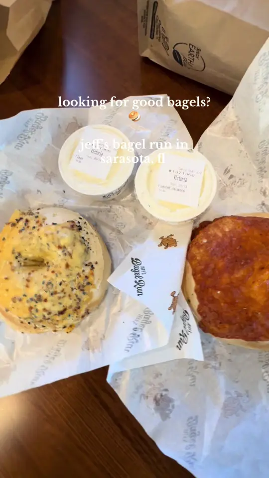 Jeff's Bagel Run in Coconut Creek showing review, bagels, cream cheese, video by victoria_1888 on TikTok