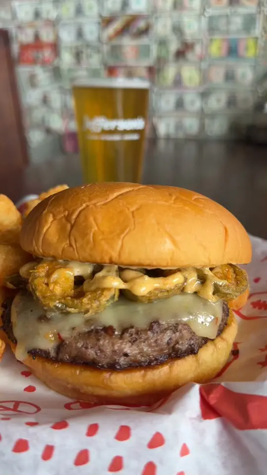 Jefferson's in Cartersville showing food, jalapeño burger, cheeseburger, certified angus beef, video by Jefferson's of Cartersville on Facebook