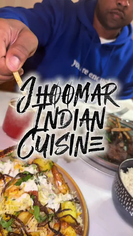 Jhoomar Indian Cuisine in Columbus showing review, visit, appetizers, scallops, coconut cream sauce, garlic naan with cheese, video by mr.goalchaser on TikTok