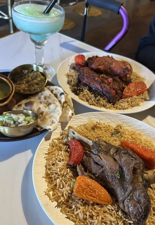 Jhoomar Indian Cuisine in Columbus showing visit, arabian nights menu event, tandoori chicken mandi, video by columbusgeorgiaeats on TikTok