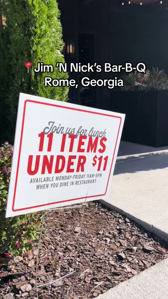 Jim 'N Nick's Bar-B-Q in Rome showing food, smoked barbecue, banana pudding, menu items, '11 under $11' menu, visit, video by visitromegeorgia on TikTok