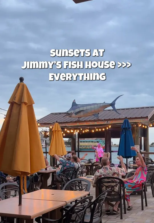 Jimmy's Fish House & Iguana Bar in Clearwater showing review, sunset view, live music, free shot, video by clearwaterbeachinsider on TikTok