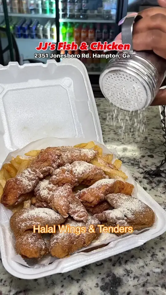 JJ Fish & Chicken McDonough in McDonough showing review, visit, halal chicken, crack powder, catering services, video by atlantafoodguy on TikTok