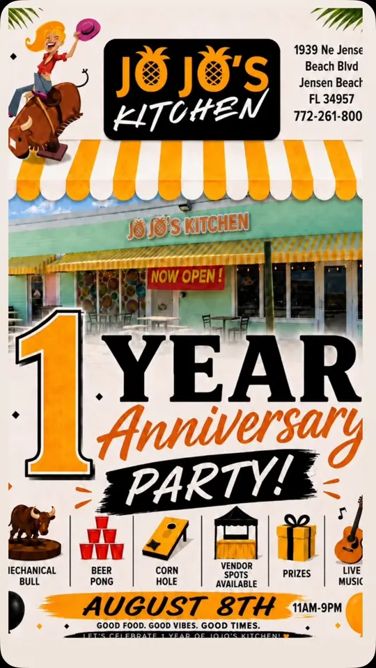 Jo Jo’s Kitchen in Jensen Beach showing event update, party announcement, video by JoJo's Kitchen on Facebook