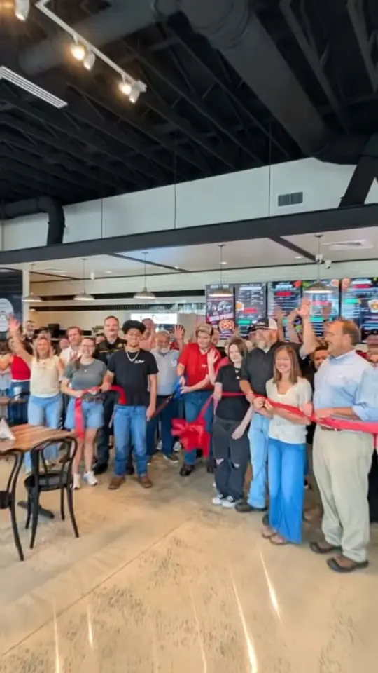 Jo's Pizza in Hawkinsville showing ribbon cutting, renovation, patio seating, menu items, video by Hawkinsville-Pulaski County Chamber on Facebook