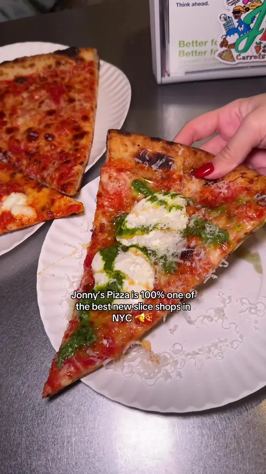 Johnny's New York Style Pizza in Sandy Springs showing pizza, burrata, pesto, hot honey add-on, saffron rose ice cream sandwiches, video by nyfoodsharings on TikTok