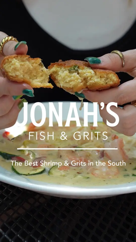 Jonah's Fish & Grits in Thomasville showing shrimp and grits, southern flavor, local tradition, comfort food, video by Discover Thomasville, GA on Facebook