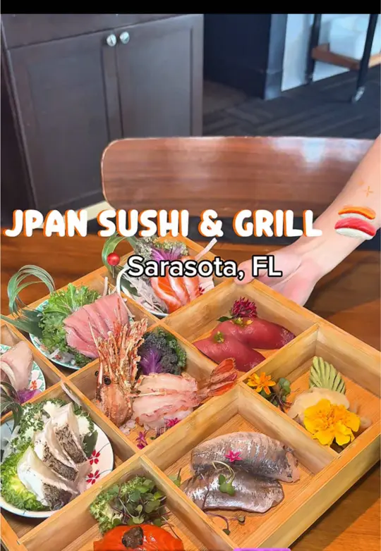 Jpan Sushi & Grill in Sarasota showing spicy tuna bomb, red sonya roll, unforgettable block, video by eatlocalflorida on TikTok