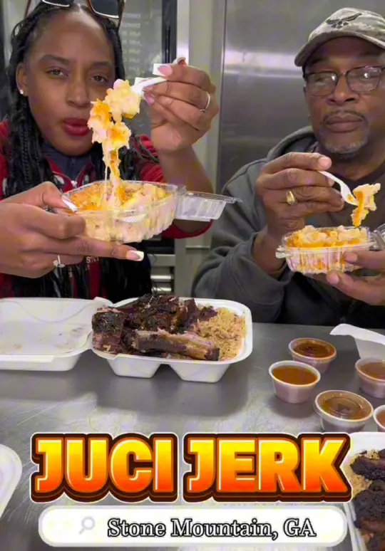 Juci Jerk in Stone Mountain showing review, jerk ribs, coconut rice and peas, macaroni and cheese, video by itsallgatl on TikTok