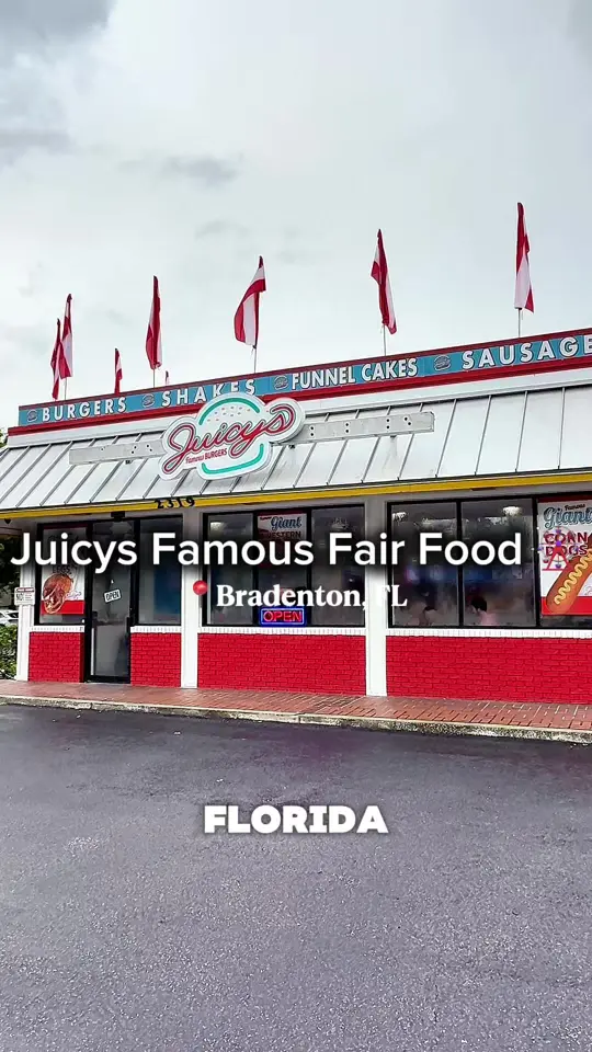 Juicys Famous Fair Food in Bradenton showing food review, twinkie burger, giant turkey leg, teriyaki chicken pineapple bowl, jumbo corndog, video by eatlocalflorida on TikTok