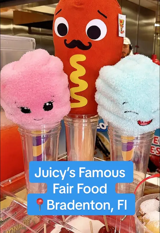 Juicys Famous Fair Food in Bradenton showing burgers, corn dogs, funnel cakes, deep-fried oreos, video by l3xiluthor on TikTok
