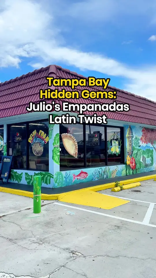 Julio's Empanadas in Gulfport showing review, visit, food, mojo braised pork, loaded chorizo empanada, julio's coco rico chicken mofongo, tres leches, deviled crab, video by ilovetheburgstpete on TikTok