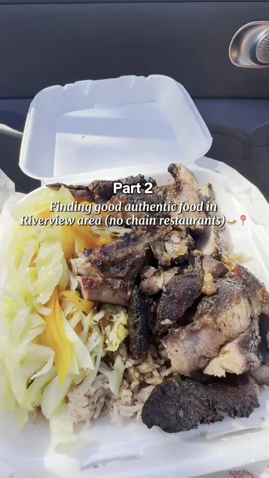 Junior's Tasty Delights in Riverview showing review, food, rice and peas, jerk pork, video by ramona_daily on TikTok