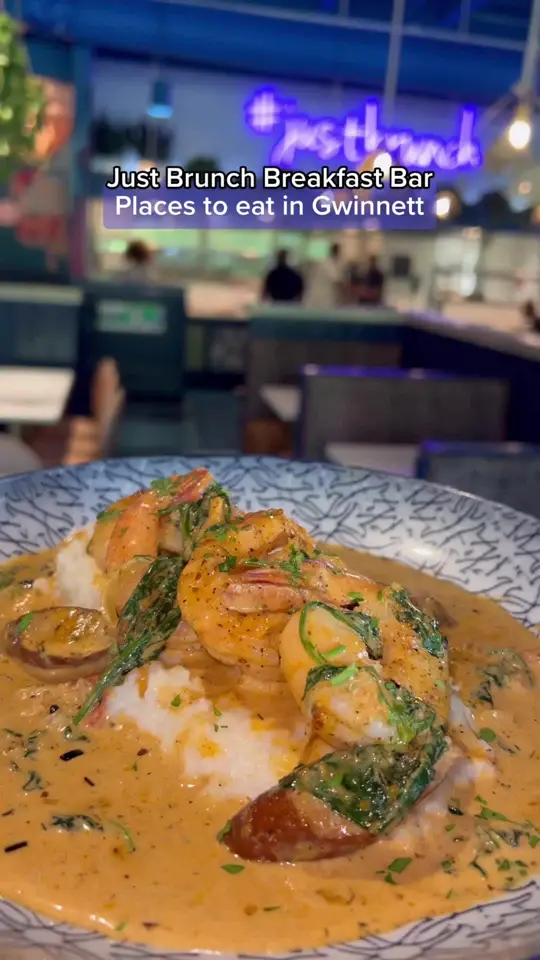 Just Brunch in Duluth showing breakfast bar, visit, video by vibesinatl on TikTok