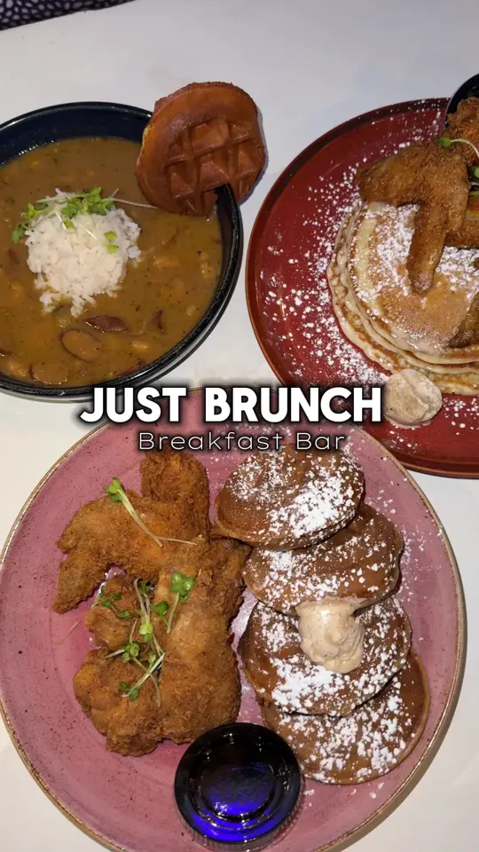 Just Brunch in Duluth showing breakfast, pancakes, sticky wings, chicken and waffles, video by vibesinatl on TikTok
