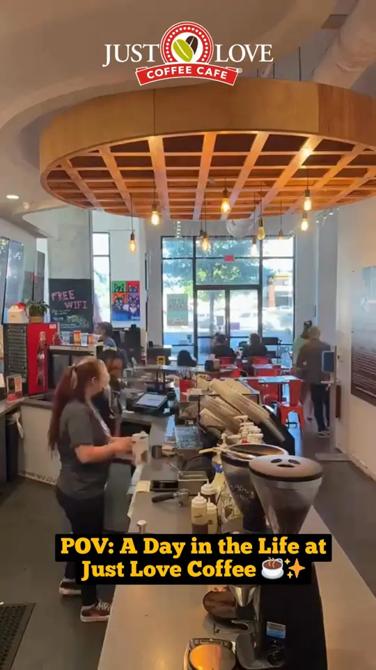 Just Love Coffee Cafe - Atlanta Perimeter in Sandy Springs showing coffee, espresso, cafe atmosphere, community vibes, video by Just Love Coffee Cafe on Facebook