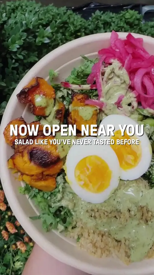 Just Salad in Boca Raton showing restaurant, salad, wrap, warm bowl, video by Just Salad on Facebook