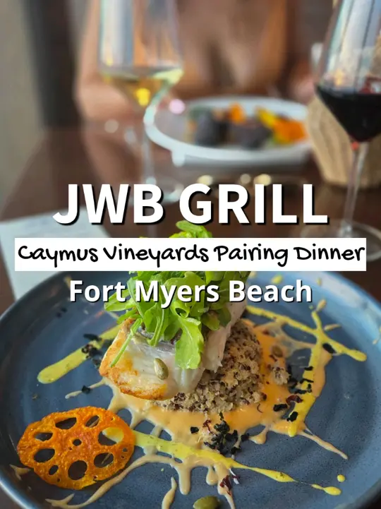  in Florida showing wine tasting, 4-course wine pairing dinner, amuse-bouche, summer salad, red snapper, gulf views, video by swflfoodjunkie on TikTok
