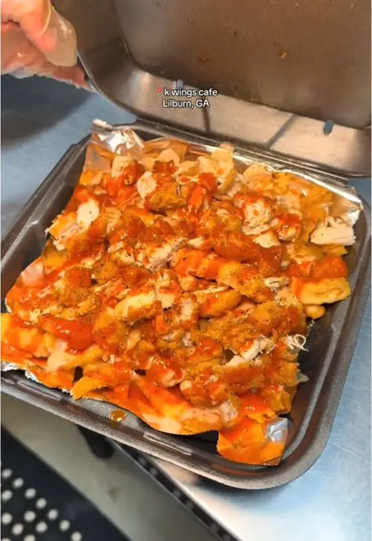 K Wings Cafe in Lilburn showing food, wings, halal, video by charmed.eats on TikTok