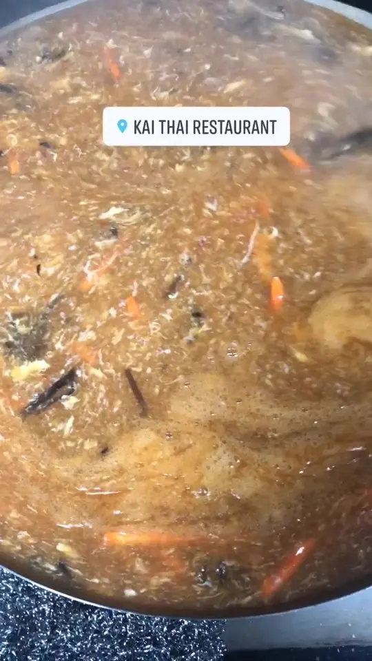 Kai Thai Restaurant in Milledgeville showing hot & sour soup, dining room, curbside pickup, video by Kai Thai Restaurant on Facebook