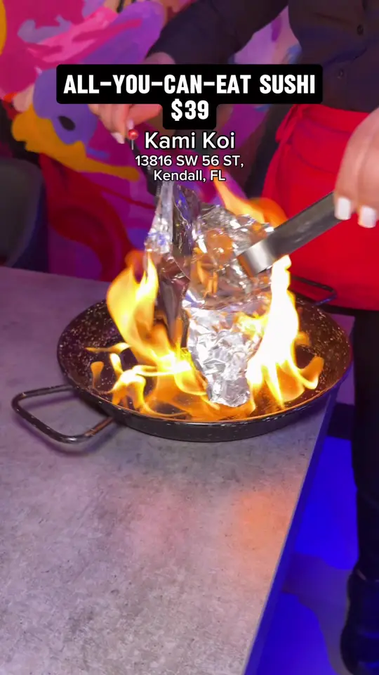 KamiKoi Sushi Fusion in Miami showing sushi, leche de tigre ceviche, all-you-can-eat special, video by mayitakeabite on TikTok