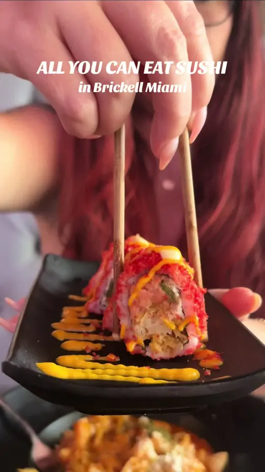 Kan Sushi in Miami showing all you eat sushi, appetizers, sashimi, sushi rolls, bbq items, video by soflofooodie on TikTok