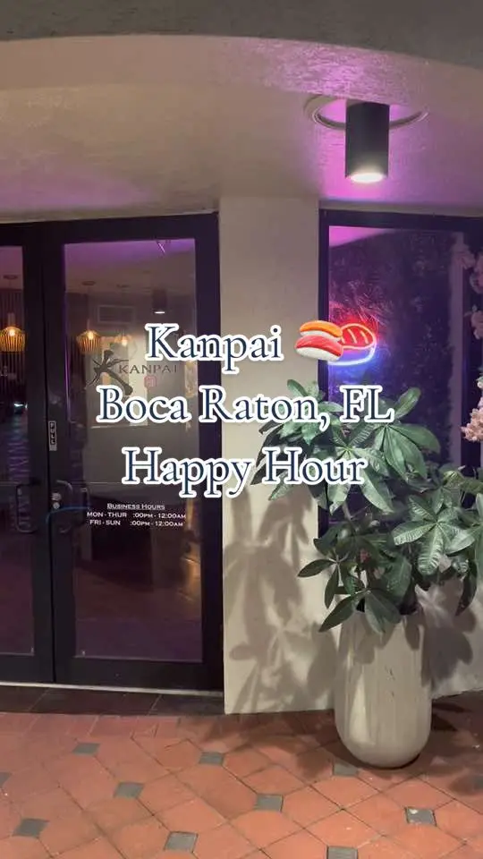 Kanpai in Boca Raton showing happy hour, sushi, drinks, video by foodallergytraveler on TikTok
