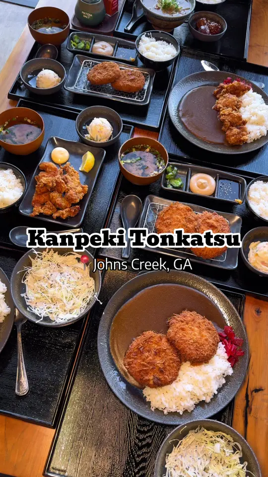 Kanpeki Tonkatsu in Johns Creek showing restaurant visit, lunch special, potato croquette combo, minced katsu curry, chicken karaage curry, tonjiru, video by atlanta_foodyyyyy on TikTok