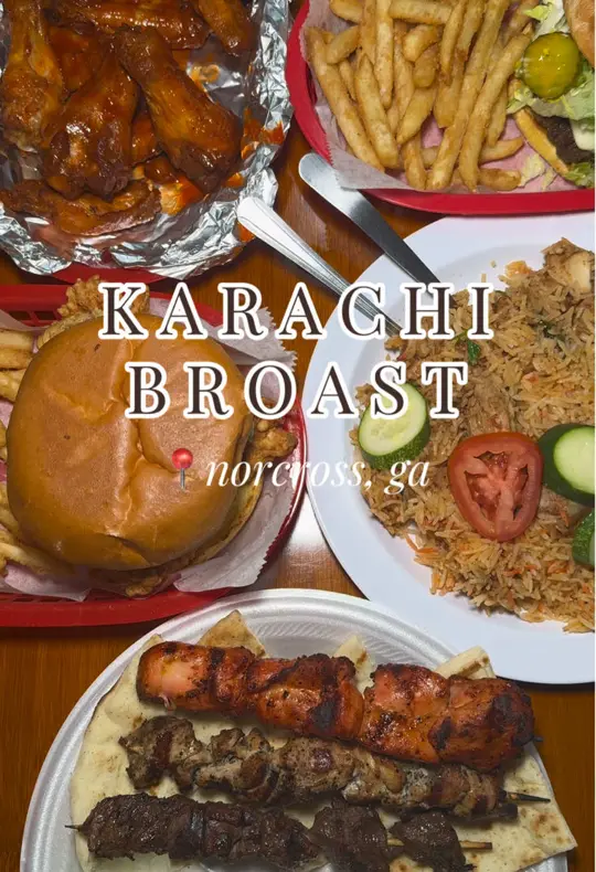 Karachi Broast & Grill in Norcross showing food review, tandoori chicken kabob, beef boti kabob, zinger burger, video by eatzwithsab on TikTok