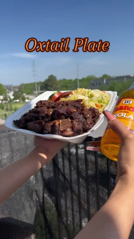 Karen's International Caribbean Grill in Conyers showing jamaican food, oxtails, cabbage, pasta, video by koko1chanel on TikTok
