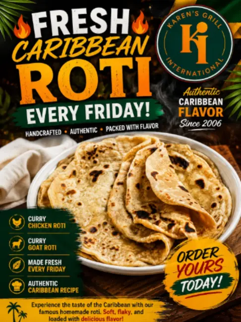Karen's International Caribbean Grill in Conyers showing food, curry chicken roti, curry goat roti, video by karensintlgrill on TikTok