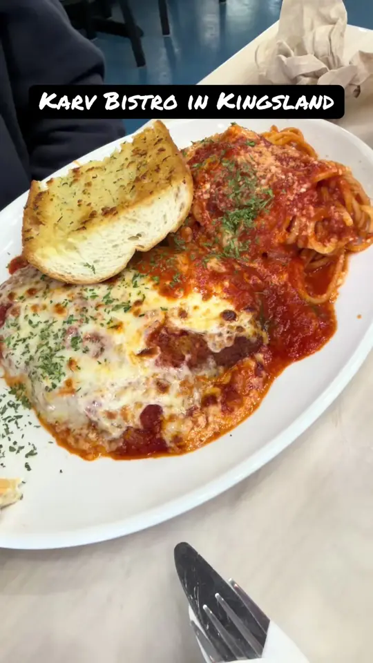 Karv Bistro in Kingsland showing review, visit, atmosphere, food, spinach pie, chicken parmesan, video by mrsemkeeling on TikTok