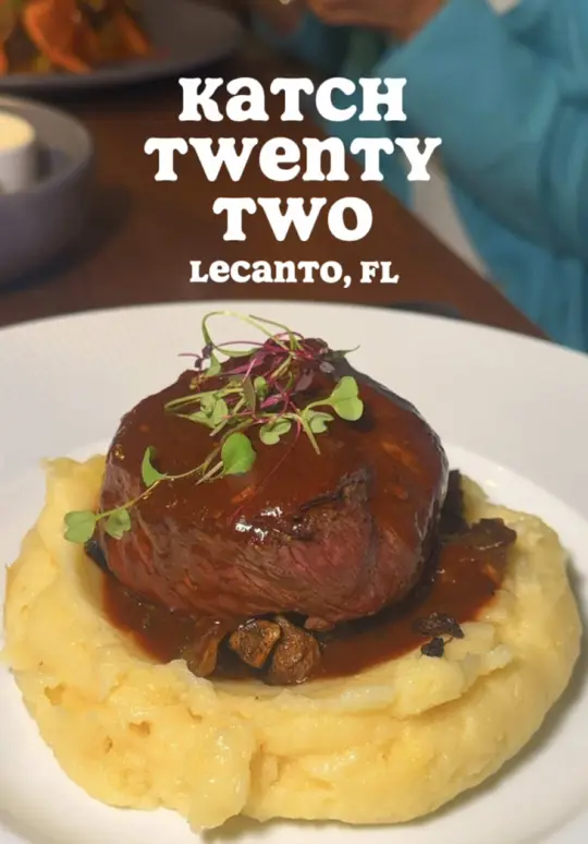 Katch Twenty-Two in Lecanto showing cocktail, hazelnut espresso martini / cocktail, smoked old fashion / soup, corn bique / pork belly / truffle mushroom risotto / filet of beef / short ribs / lob, video by kch.travels on TikTok