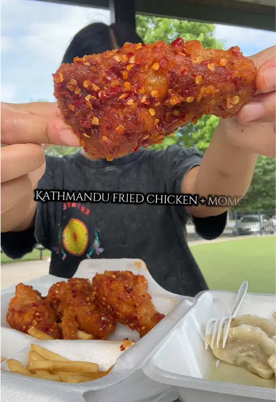 Kathmandu Kitchen & Grill in Clarkston showing food, spicy fried chicken with fries, pork momo, video by muklaysue.23 on TikTok
