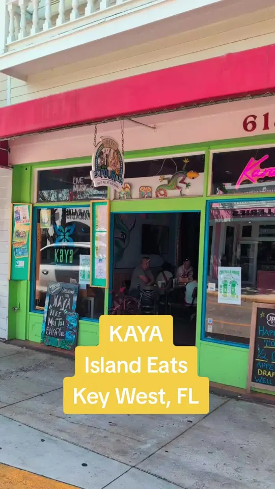 Kaya Island Eats in Key West showing fish taco, smoked tomato bisque, bloody mary, pinacolada, video by alice_the_skoolie on TikTok
