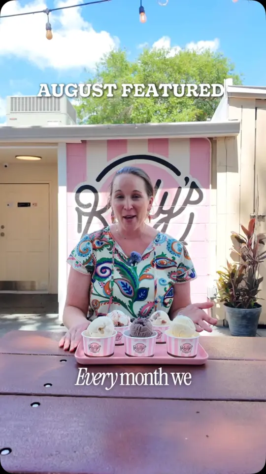 Kelly's Homemade Ice Cream in Orlando showing ice cream, featured flavors, video by Kelly's Homemade Ice Cream on Facebook