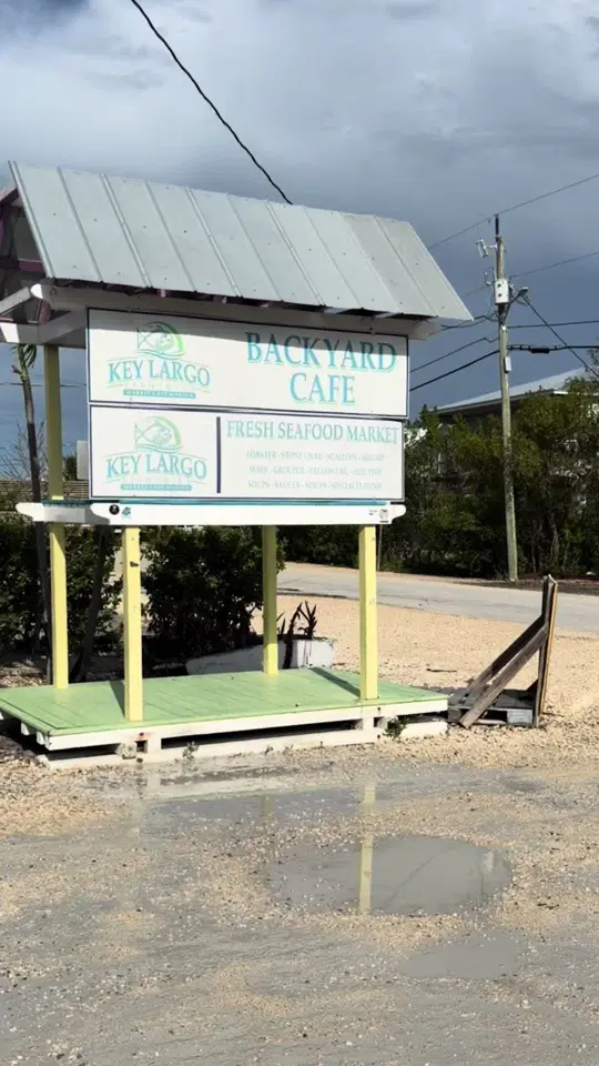 Key Largo Fisheries Backyard Cafe in Key Largo showing visit, dinner, video by adventurewithwhit on TikTok