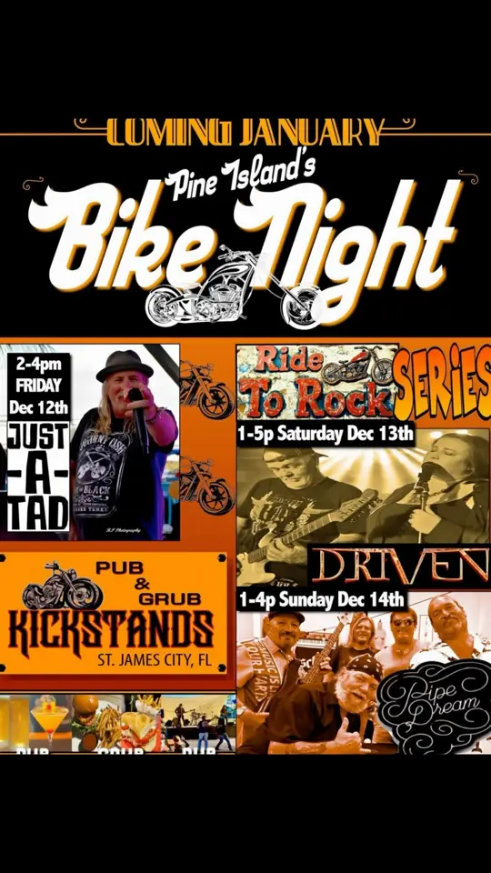 Kickstands Bar and Grill in St James City showing live music, cold drinks, food, bike night event, video by Kevin Russell on Facebook
