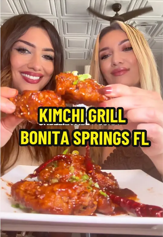Kimchi Grill in Bonita Springs showing review, handmade dumpling sampler, korean wings, spicy pork bulgogi bowl, pork belly bao buns, ube tres leches, video by twinssellswfl on TikTok