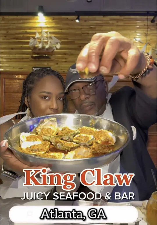 King Claw - Juicy Seafood & Bar in Morrow showing garlic butter oysters, steamed mussels, lobster, wings, fishbowl drinks, video by itsallgatl on TikTok