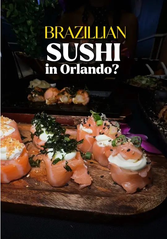 Kingdom Sushi in Orlando showing review, visit, atmosphere, brazilian sushi, ayce, premium cuts, video by binminmunch on TikTok