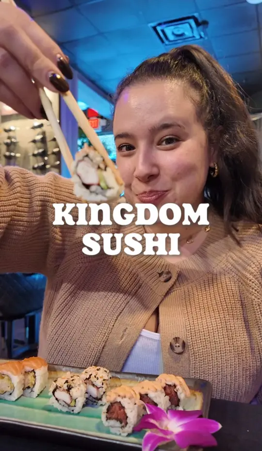 Kingdom Sushi in Orlando showing sushi, salmon dishes, classic rolls, nigiri, omakase, dessert, video by josiemaida on TikTok